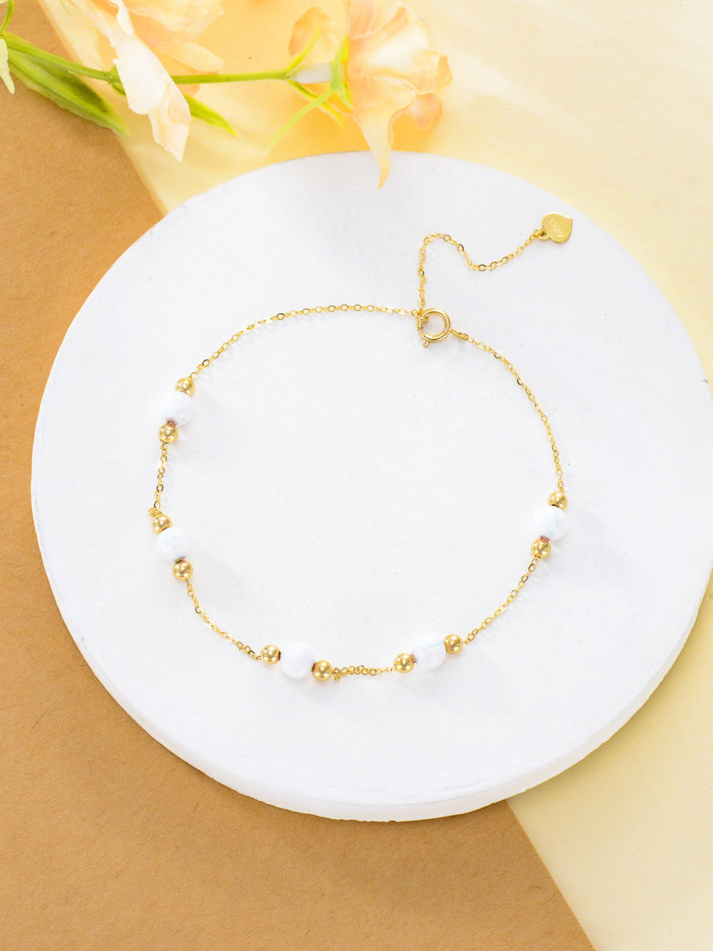 10K Yellow Gold Circular Opal Bead Single Layer Anklet-3