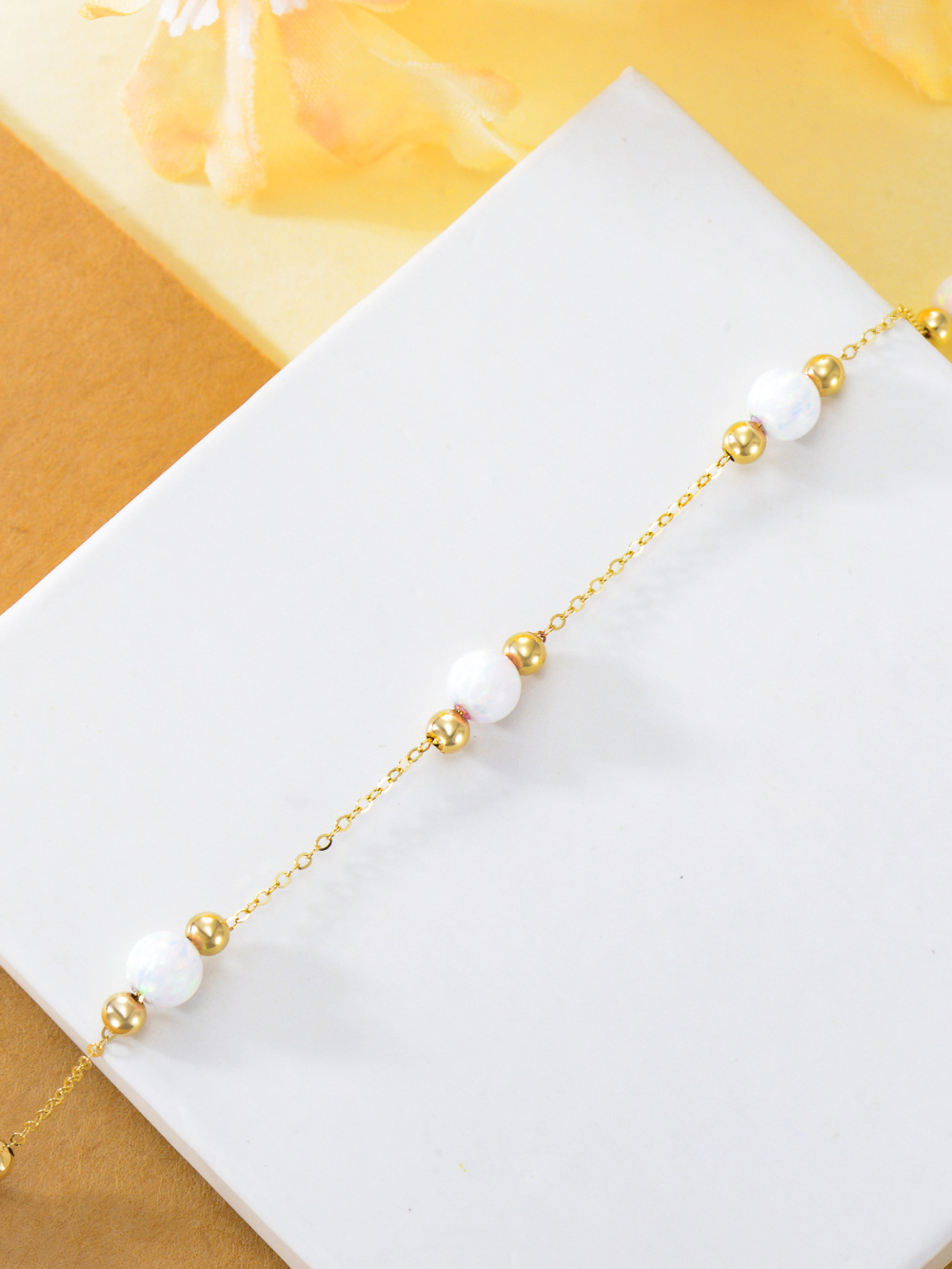 10K Yellow Gold Circular Opal Bead Single Layer Anklet-4