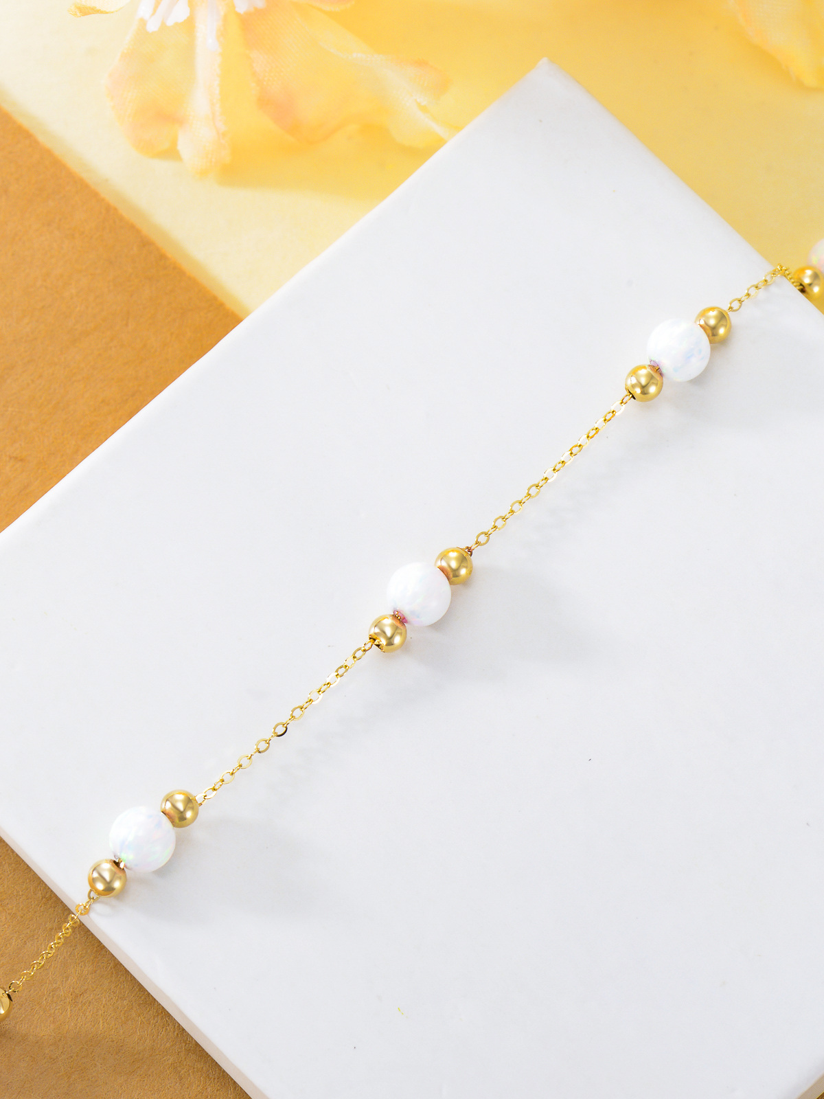 14K Yellow Gold Circular Opal Bead Single Layer Anklet-4