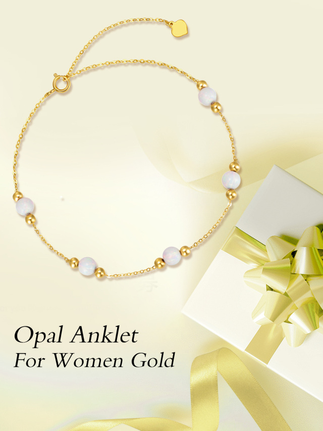 14K Yellow Gold Circular Opal Bead Single Layer Anklet-6