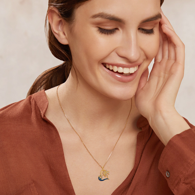 14K Yellow Gold Circular Cubic Zirconia Palm Tree With Spray Heart Pendant Necklace For Women-2