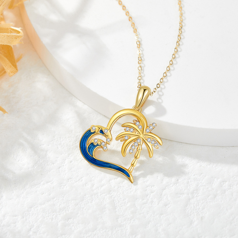 14K Yellow Gold Circular Cubic Zirconia Palm Tree With Spray Heart Pendant Necklace For Women-3