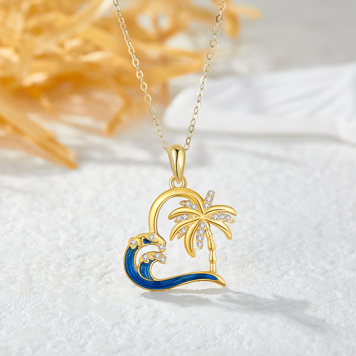 10K Yellow Gold Circular Cubic Zirconia Palm Tree With Spray Heart Pendant Necklace For Women-4