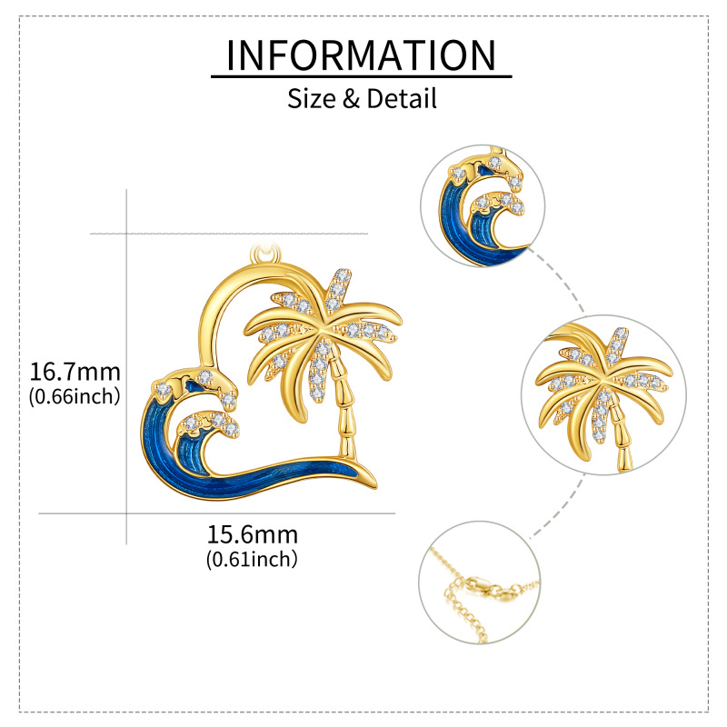 14K Yellow Gold Circular Cubic Zirconia Palm Tree With Spray Heart Pendant Necklace For Women-5