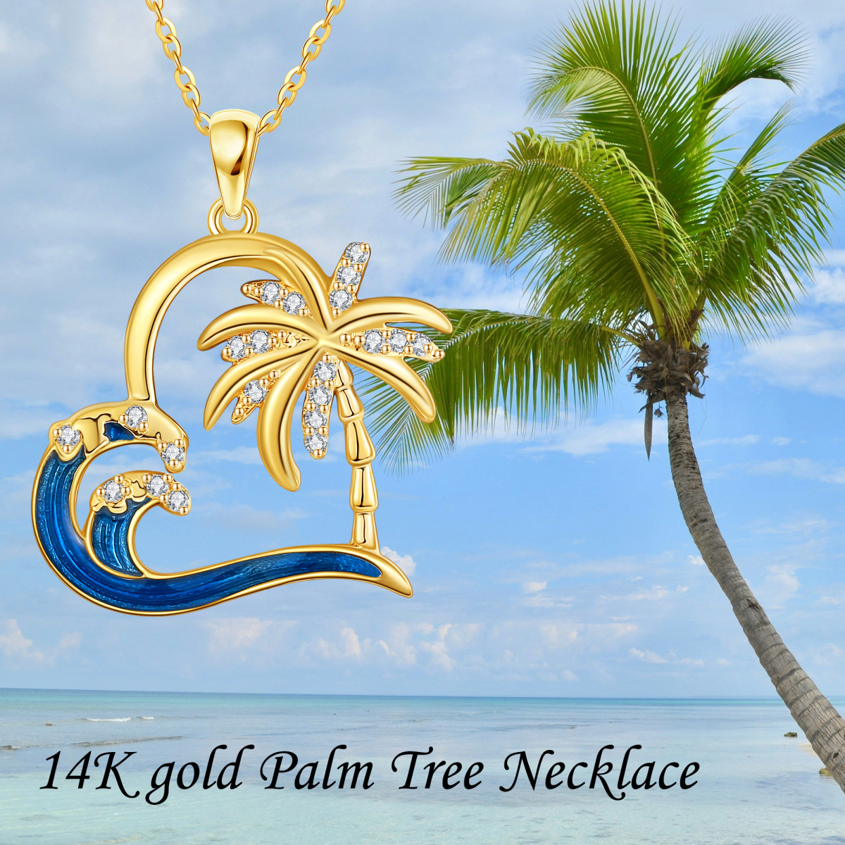 10K Yellow Gold Circular Cubic Zirconia Palm Tree With Spray Heart Pendant Necklace For Women-6