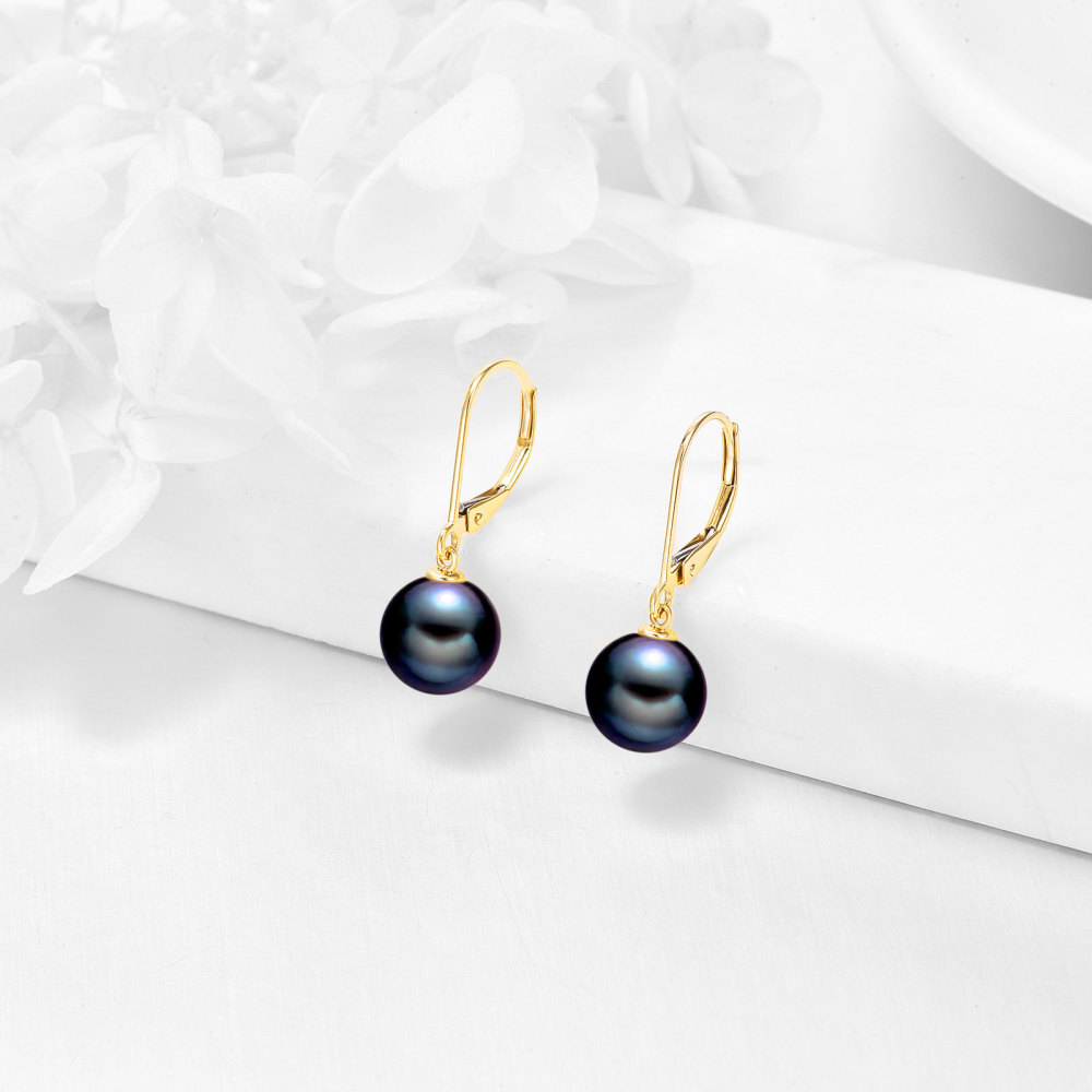 Boucles d'oreilles à levier en or jaune 14 carats avec perles circulaires-3
