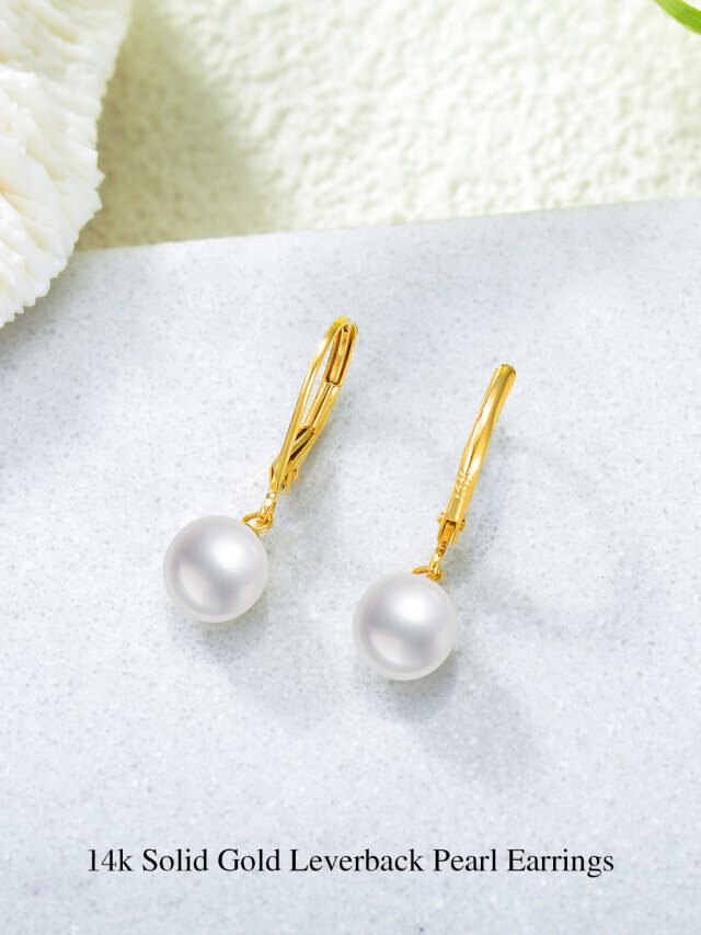 14K Yellow Gold Circular Pearl Bead Lever-back Earrings-4