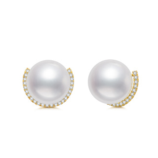 10K Yellow Gold Circular Pearl Bead Stud Earrings-50