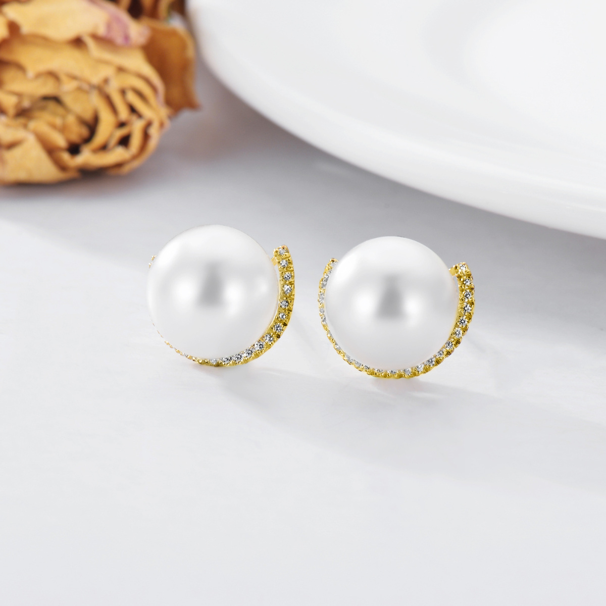 10K Yellow Gold Circular Pearl Bead Stud Earrings-3