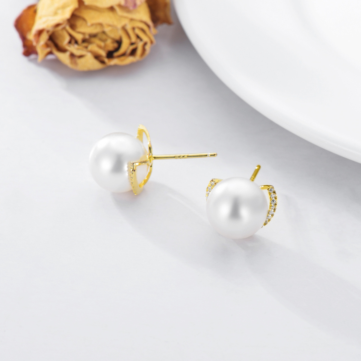 10K Yellow Gold Circular Pearl Bead Stud Earrings-4