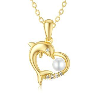 10K Yellow Gold Circular Pearl stone Dolphin & Heart Pendant Necklace-12