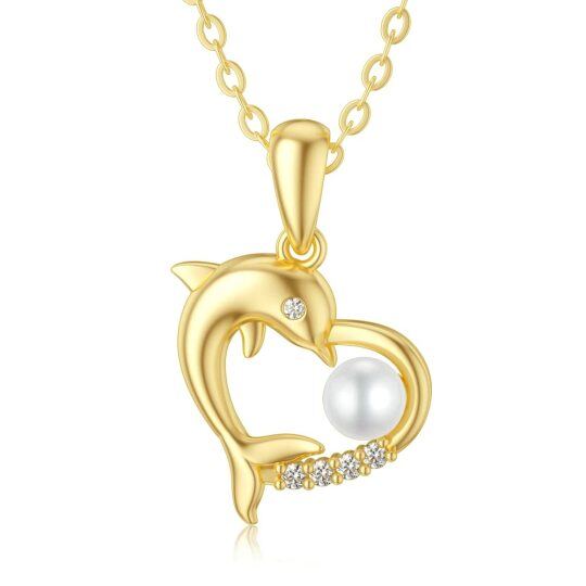 10K Yellow Gold Circular Pearl stone Dolphin & Heart Pendant Necklace