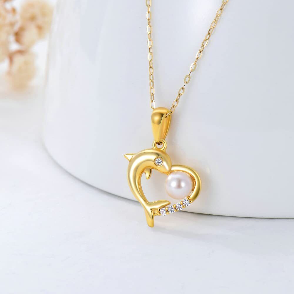 14K Yellow Gold Circular Pearl stone Dolphin & Heart Pendant Necklace-3