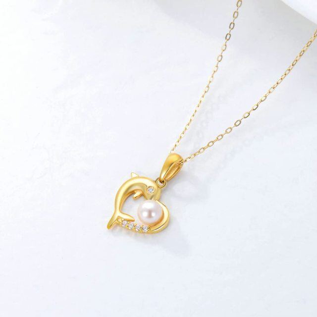 14K Yellow Gold Circular Pearl stone Dolphin & Heart Pendant Necklace-4