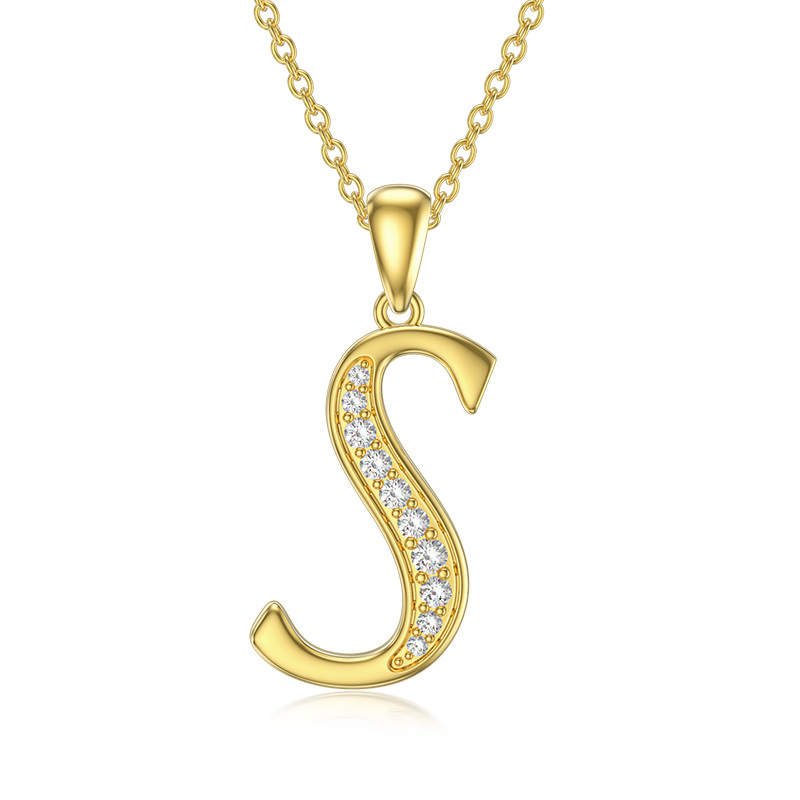 14K Yellow Gold Circular Cubic Zirconia Pendant Necklace with Initial Letter S-1