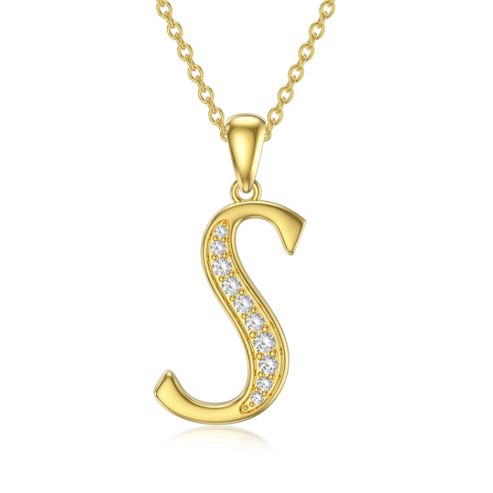 14K Yellow Gold Circular Cubic Zirconia Pendant Necklace with Initial Letter S