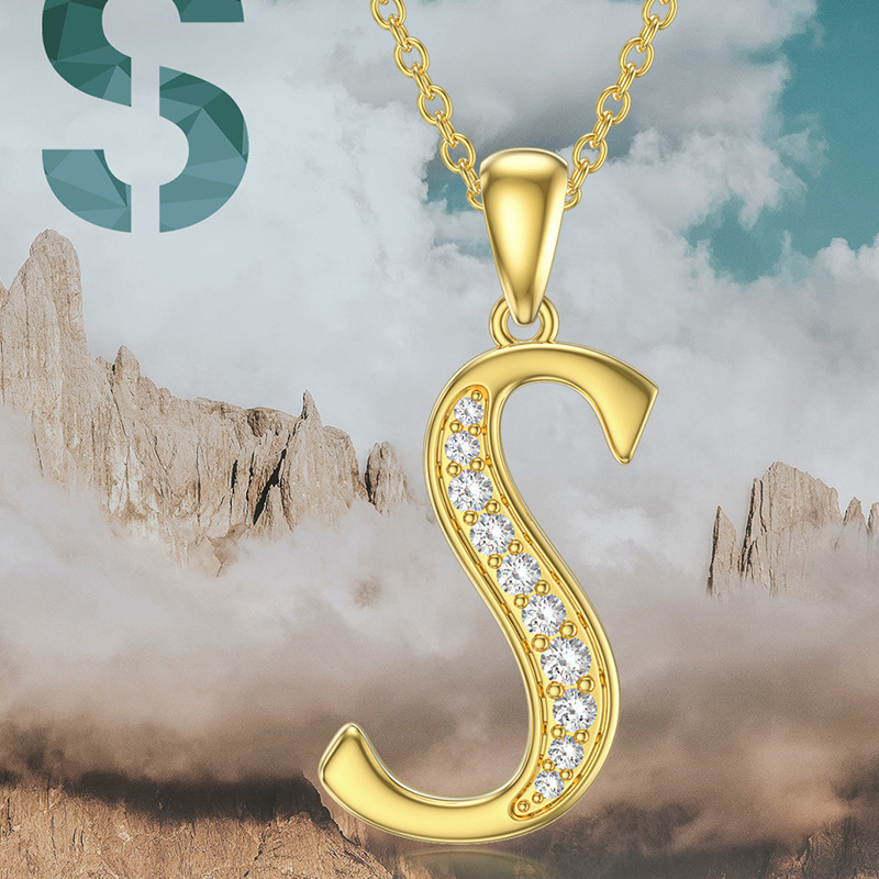 14K Yellow Gold Circular Cubic Zirconia Pendant Necklace with Initial Letter S-4