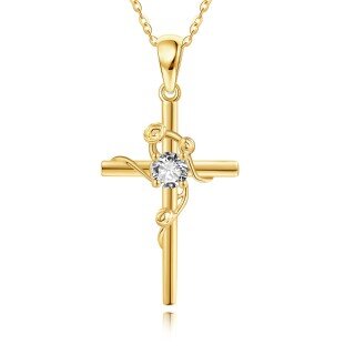 10K Yellow Gold Circular Cubic Zirconia Rose & Cross Pendant Necklace-22