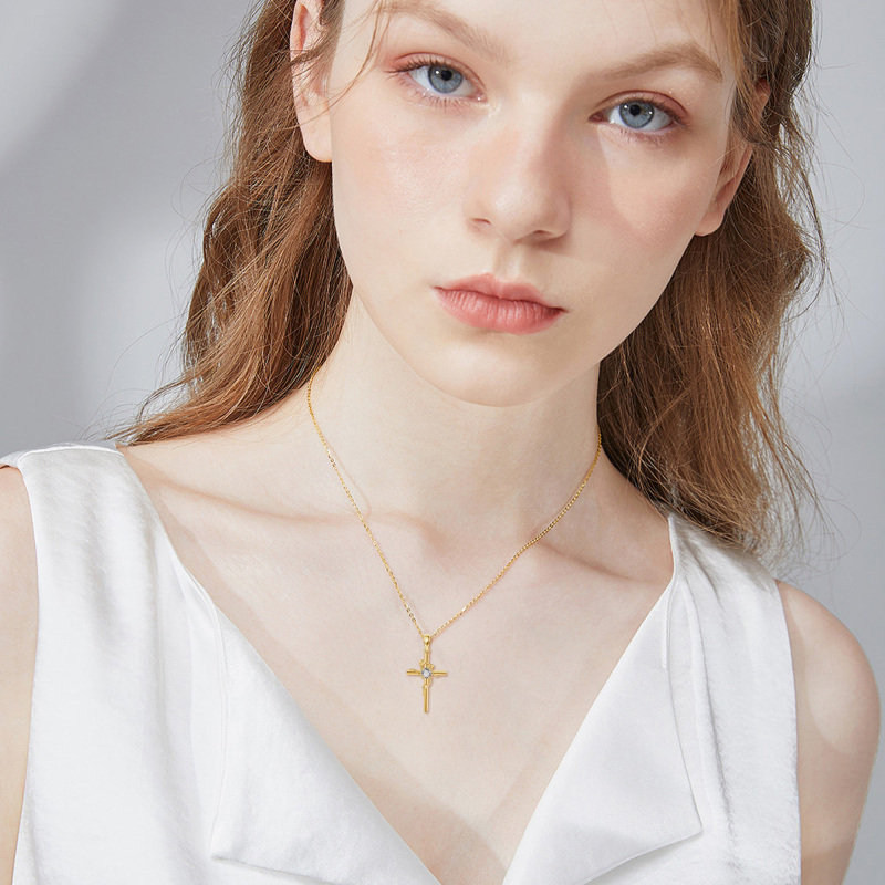 قلادة من الذهب الأبيض عيار 10 قيراط مرصعة بالزركونيا المكعبة بقطع دائري وقلادة وردة وصليب-2