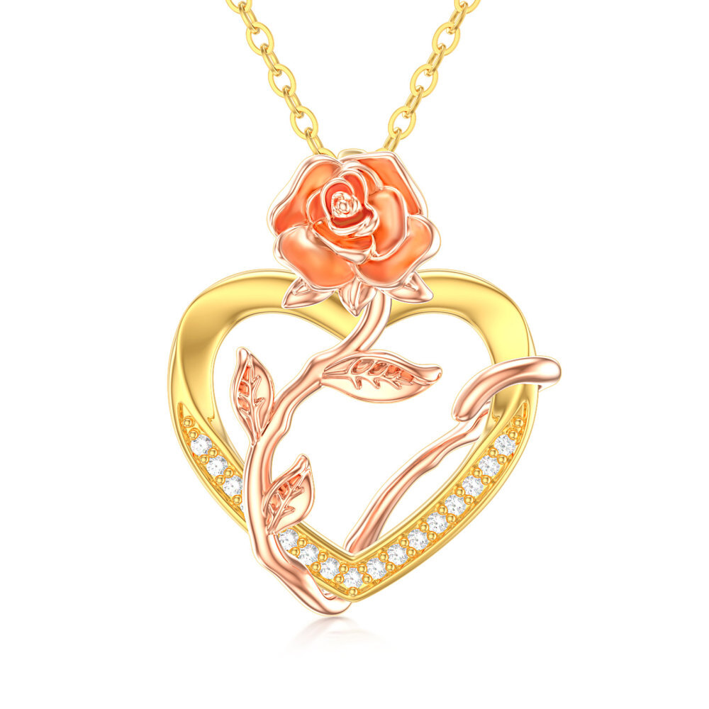 Collar con colgante de corazón de rosa y circonita cúbica circular en oro amarillo de 14 quilates-1