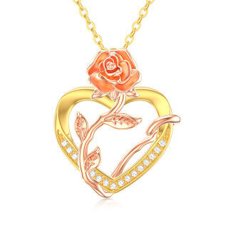 10K Yellow Gold Circular Cubic Zirconia Rose & Heart Pendant Necklace-6