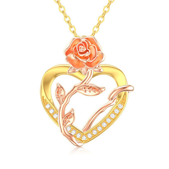 14K Yellow Gold Circular Cubic Zirconia Rose & Heart Pendant Necklace