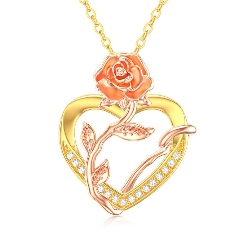 Colar com pingente de coração de rosa de zircônia cúbica circular de ouro amarelo 14K-1