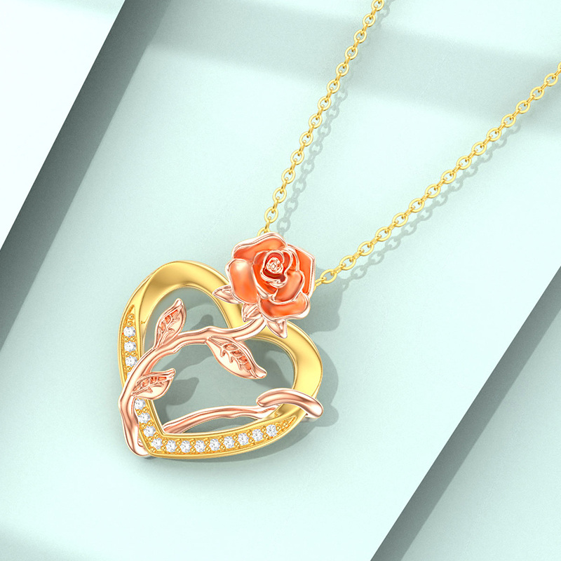 Colar com pendente de rosa e coração em ouro branco 10K com zircónias cúbicas de corte redondo.-3