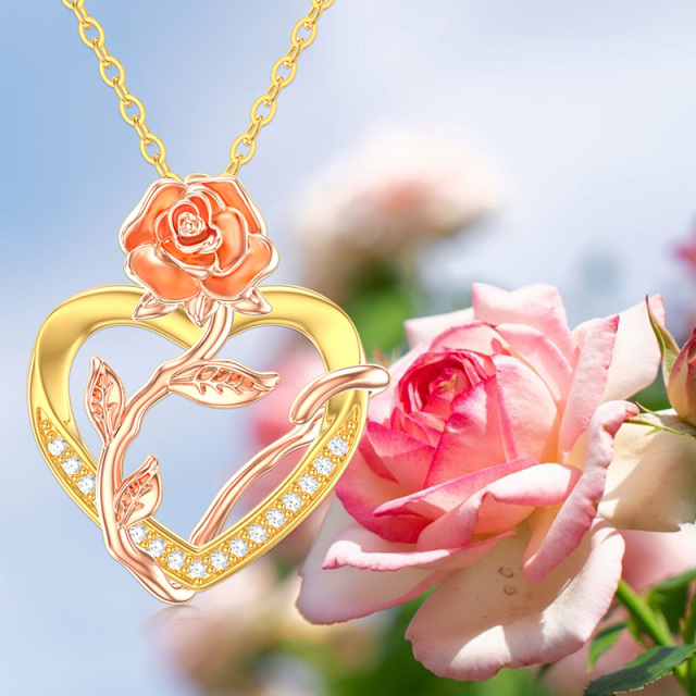 Colar com pingente de coração de rosa de zircônia cúbica circular de ouro amarelo 14K-4