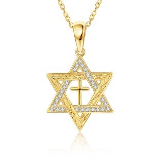 10K Yellow Gold Circular Cubic Zirconia Star Of David Pendant Necklace-13