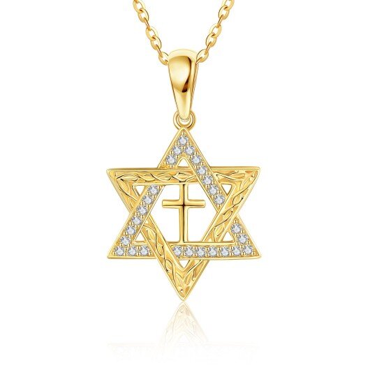 Collana con ciondolo a forma di stella di David in oro giallo 14K e zirconi cubici circolari