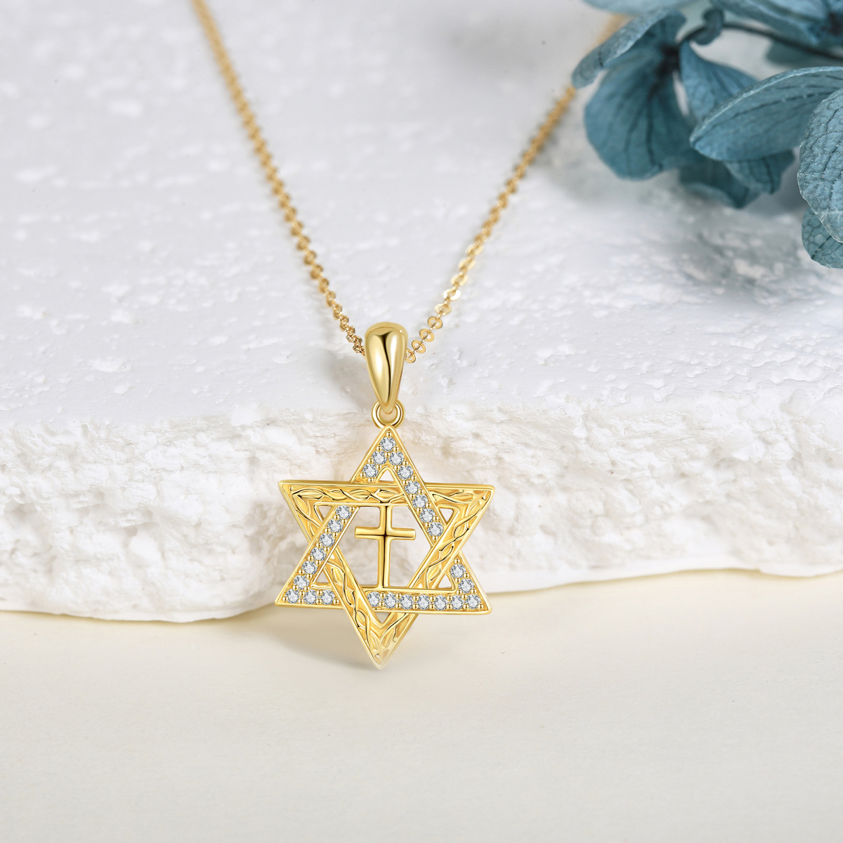 14K Yellow Gold Circular Cubic Zirconia Star Of David Pendant Necklace-3