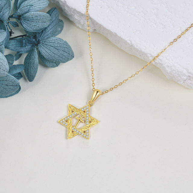 Collana con ciondolo a forma di stella di David in oro giallo 14K e zirconi cubici circolari-4