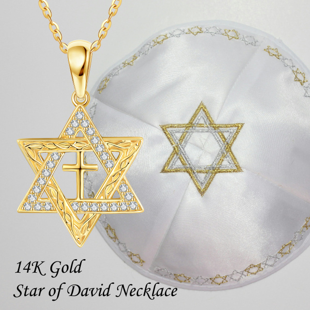 Collana con ciondolo a forma di stella di David in oro giallo 14K e zirconi cubici circolari-6