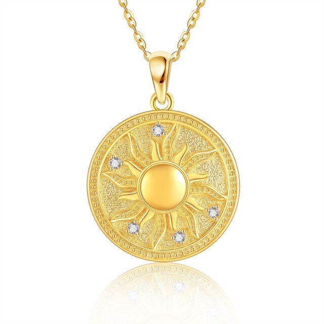 14K Yellow Gold Circular Cubic Zirconia Sun Coin Pendant Necklace-1