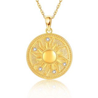 10K Yellow Gold Circular Cubic Zirconia Sun Coin Pendant Necklace-13