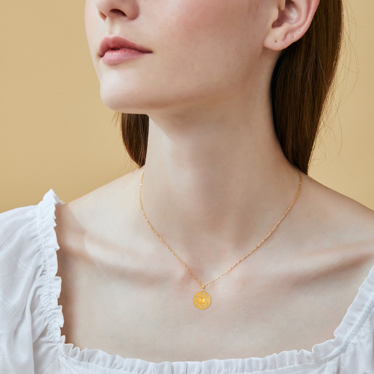 Collier avec pendentif en forme de pièce de monnaie en or jaune 14 carats et zircone cubique circulaire-2