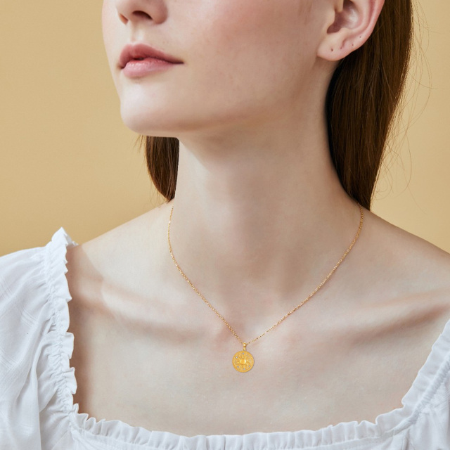 Collana con ciondolo a forma di moneta con sole in zirconia cubica circolare in oro giallo 14K-2