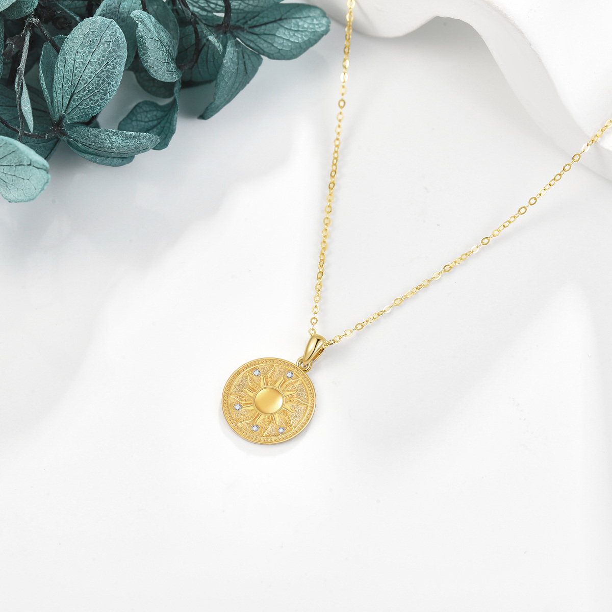 14K Yellow Gold Circular Cubic Zirconia Sun Coin Pendant Necklace-3