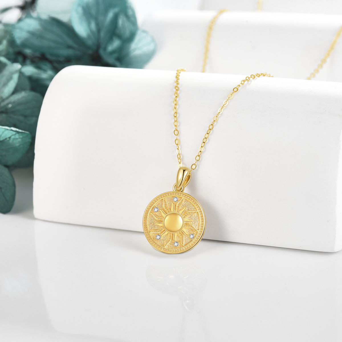 14K Yellow Gold Circular Cubic Zirconia Sun Coin Pendant Necklace-4