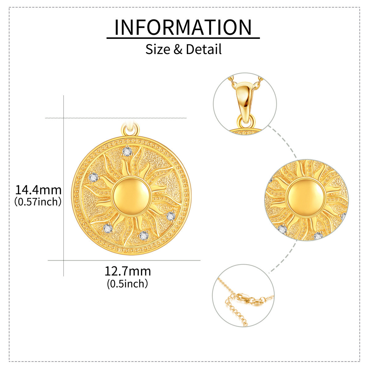 14K Yellow Gold Circular Cubic Zirconia Sun Coin Pendant Necklace-5