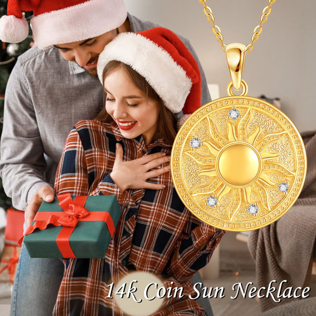 Collana con ciondolo a forma di moneta con sole in zirconia cubica circolare in oro giallo 14K-6