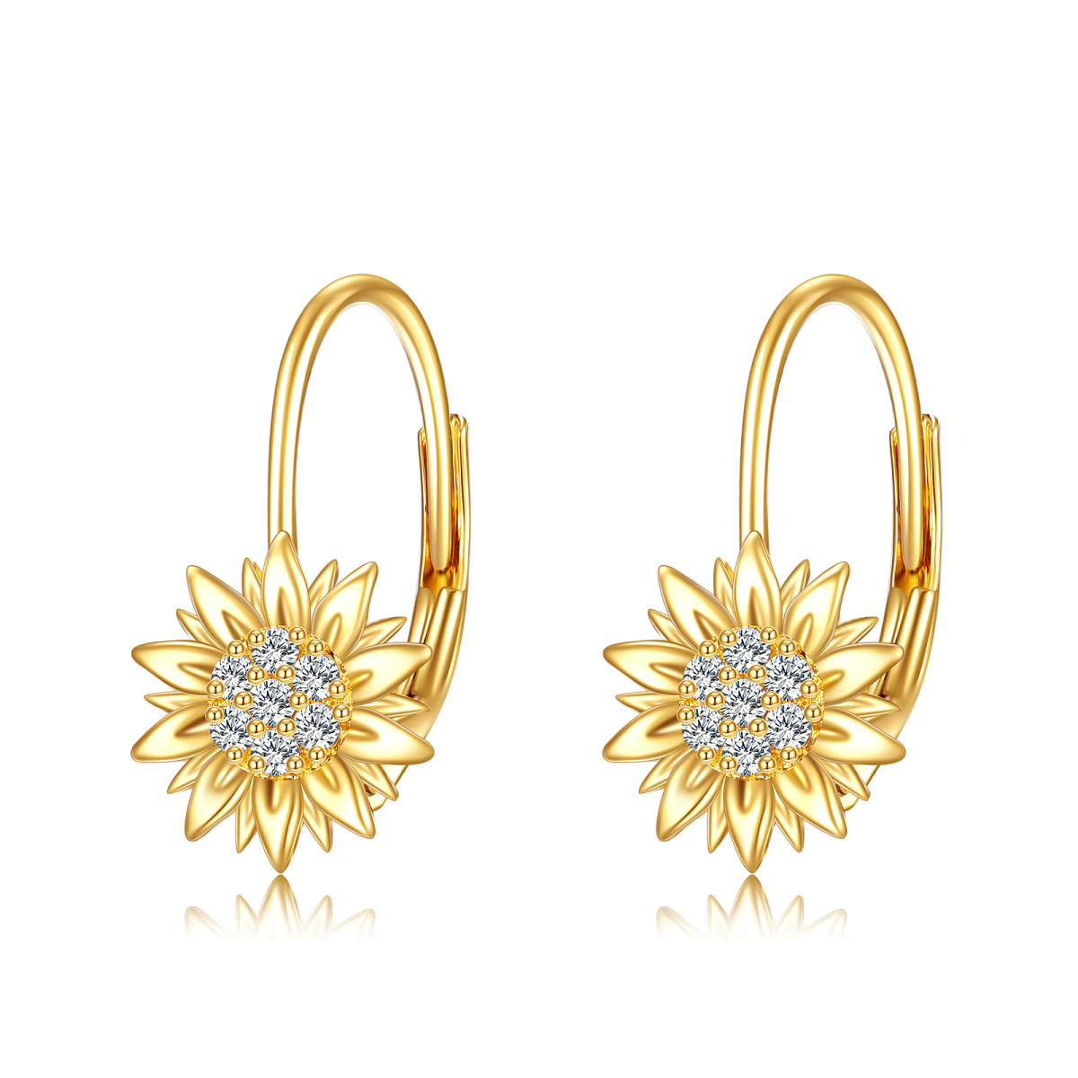 14K Yellow Gold Circular Cubic Zirconia Sunflower Lever-back Earrings-1