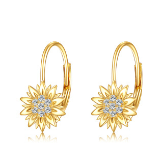 10K Yellow Gold Circular Cubic Zirconia Sunflower Lever-back Earrings-31