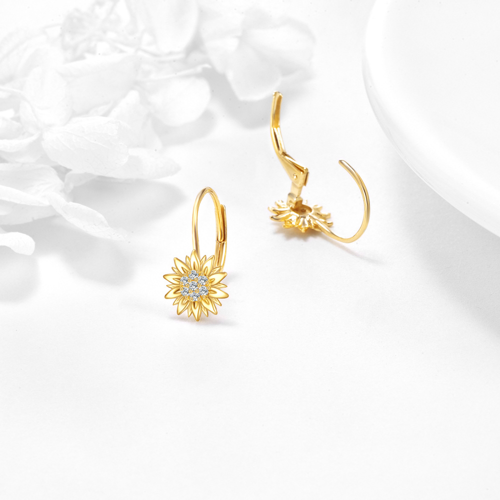 10K Yellow Gold Circular Cubic Zirconia Sunflower Lever-back Earrings-3
