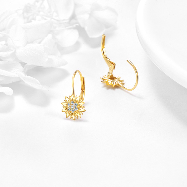 Orecchini a monachella con zirconi cubici circolari in oro giallo 14K e girasole-3