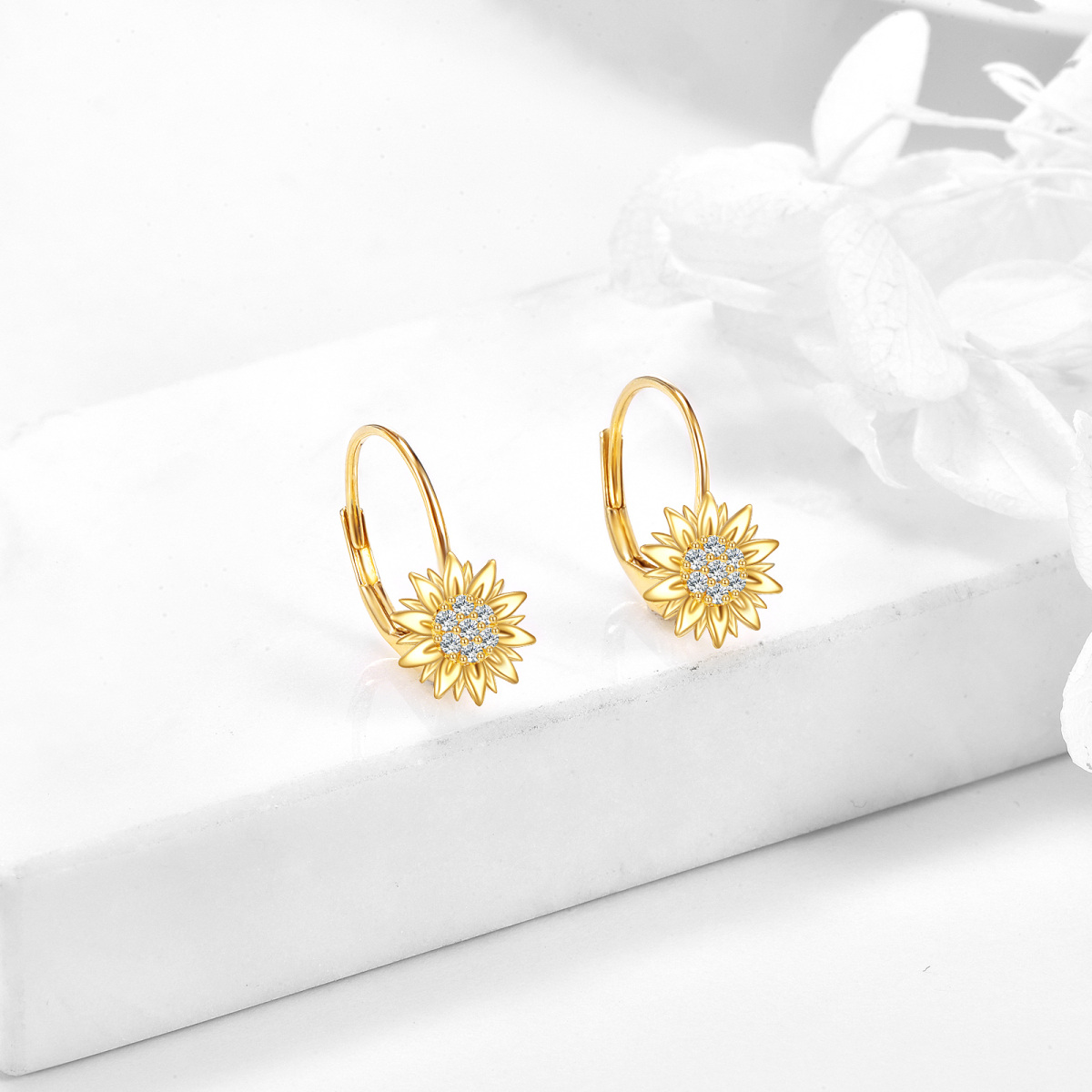 10K Yellow Gold Circular Cubic Zirconia Sunflower Lever-back Earrings-4