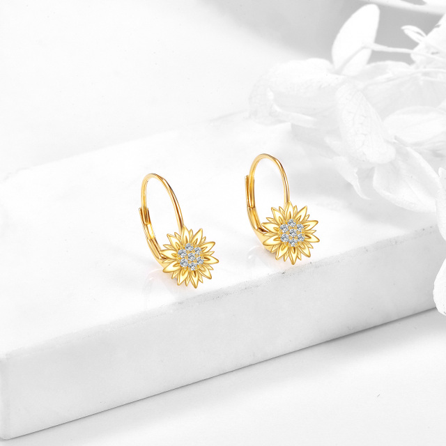 14K Yellow Gold Circular Cubic Zirconia Sunflower Lever-back Earrings-4