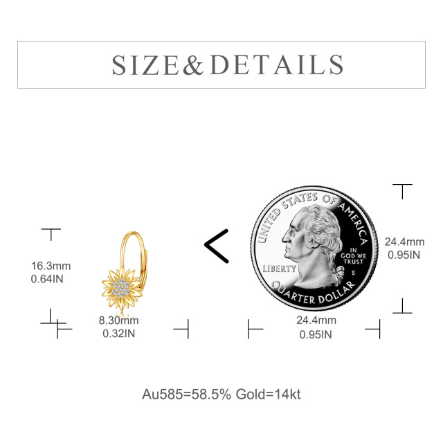 Orecchini a monachella con zirconi cubici circolari in oro giallo 14K e girasole-5