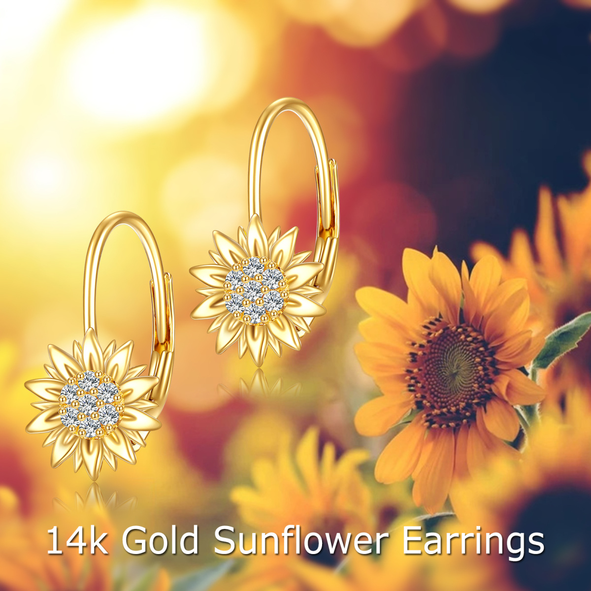 14K Yellow Gold Circular Cubic Zirconia Sunflower Lever-back Earrings-6